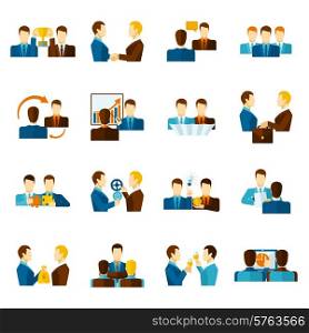 Business partnership teamwork management and communication flat icons set isolated vector illustration. Partnership Flat Icons Set