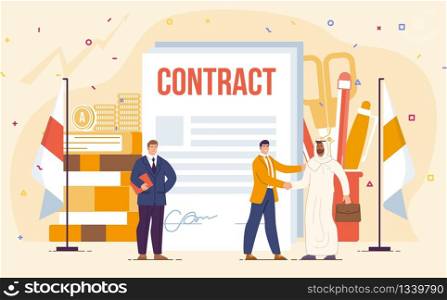Business Partnership with Foreign Entrepreneur, International Company Investments, Contract with Arabian Partner Trendy Flat Vector Concept. Handshaking After Contract Signing Businessmen Illustration