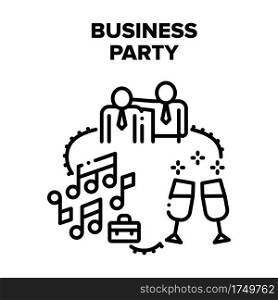 Business Party Vector Icon Concept. Business Party Of Company Employees, Listening Music, Dancing And Drinking Alcoholic Drinks. Team Toasting With Ch&agne Glasses Black Illustration. Business Party Vector Black Illustrations
