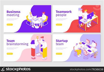 Business people 4 isometric web banners with startup team meeting brainstorming effective teamwork collaboration vector illustration