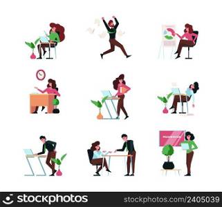 Business people. Activities office managers talking brainstorming dialogue company collaboration scenes with business persons garish vector illustrations. Office business discussion and teamwork. Business people. Activities office managers talking brainstorming dialogue company collaboration scenes with business persons garish vector illustrations