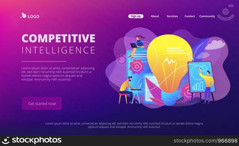 Business people analyzing and lightbulb. Competitive intelligence and environment, information and marketplace analysis concept on white background. Website vibrant violet landing web page template.. Competitive intelligence concept landing page.