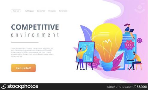 Business people analyzing and lightbulb. Competitive intelligence and environment, information and marketplace analysis concept on white background. Website vibrant violet landing web page template.. Competitive intelligence concept landing page.