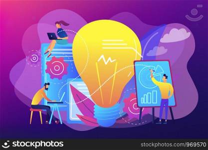 Business people analyzing and lightbulb. Competitive intelligence, information analysis and marketplace analysis concept on ultraviolet background. Bright vibrant violet vector isolated illustration. Competitive intelligence concept vector illustration.