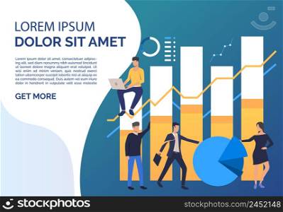 Business people analyzing bar, pie and line charts, sample text. Analytics, management, banking concept. Presentation slide template. Vector illustration for topics like business, finance, analysis. Business people analyzing bar, pie and line charts, sample text