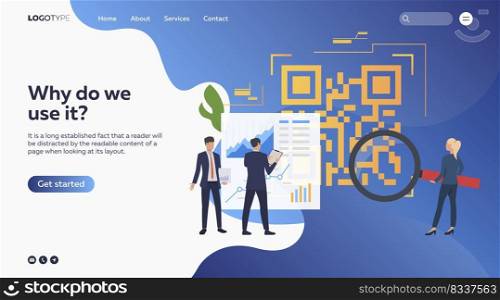Business people analyzing barcode. Devices, diagrams, magnifying glass. Business concept. Vector illustration for webpage, presentation, poster
