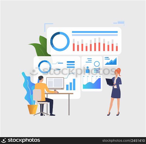 Business people analyzing financial charts on computers. Analysis, management, technology concept. Vector illustration can be used for topics like business, analytics, finance. Business people analyzing financial charts on computers