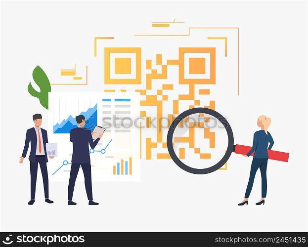 Business people analyzing financial data and big QR code. Identification, workflow, analytics concept. Vector illustration can be used for topics like business, finance, analysis. Business people analyzing financial data and big QR code