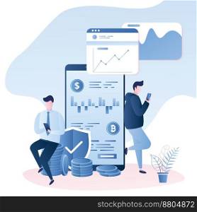 Business people and big smartphone with cryptocurrency exchange,male characters in trendy simple style,vector illustration 