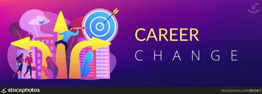 Business people and empolyee choosing new career direction arrow with target. Career change, alternative career, retraining for a new job concept. Header or footer banner template with copy space.. Career change concept banner header.
