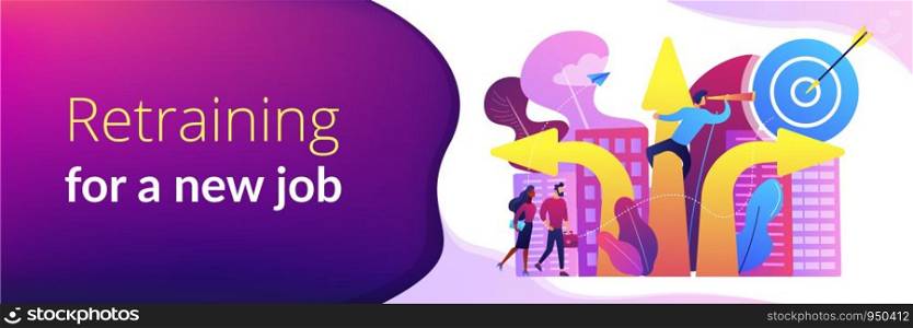 Business people and empolyee choosing new career direction arrow with target. Career change, alternative career, retraining for a new job concept. Header or footer banner template with copy space.. Career change concept banner header.