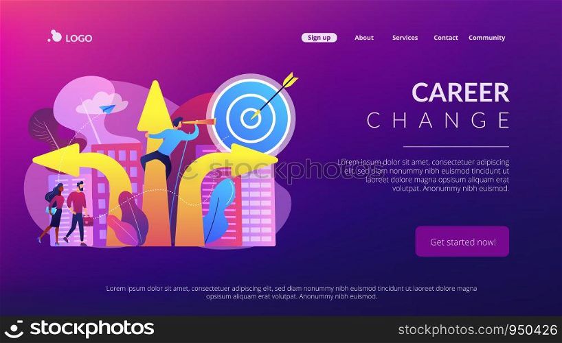 Business people and empolyee choosing new career direction arrow with target. Career change, alternative career, retraining for a new job concept. Website vibrant violet landing web page template.. Career change concept landing page.