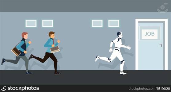 Business People and robot competing to job door.Human Resource and Modern Technology Hire, Artificial Intelligence Recruitment, Cartoon Vector Illustration.