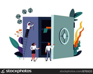 Business people and strongbox with papers isolated vector. Leaves and foliage of plants, decor of vegetation, male and female by metal container. Person on ladder with measure meter, working employees. Business people and strongbox with papers isolated vector