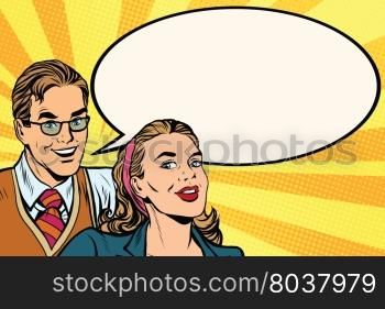 Business people announcement advertising pop art poster, retro vector. A man and a woman announce