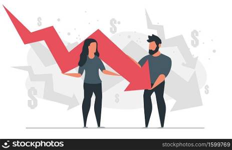 Business people are bankrupt. Man and woman hold the falling red down arrow together. Unsuccessful investment concept vector illustration
