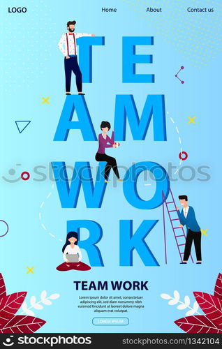 Business People around of Huge Word Teamwork. Cheerful Men and Women Working Together. Colleagues Collaboration. Girl with Laptop, Guy on Ladder. Cartoon Flat Vector Illustration. Vertical Banner. Business People around of Huge Word Teamwork.