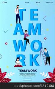 Business People around of Huge Word Teamwork. Cheerful Men and Women Working Together. Colleagues Collaboration. Girl with Laptop, Guy on Ladder. Cartoon Flat Vector Illustration. Vertical Banner. Business People around of Huge Word Teamwork.
