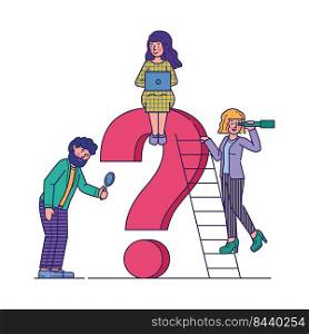 Business people asking questions flat vector illustration. Team assisting and looking for solution and answer together. Giant question mark. Communication and help concept.. Business people asking questions flat vector illustration