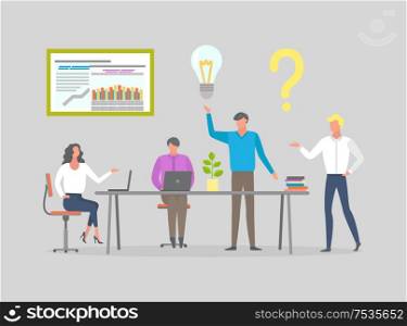 Business people at briefing, workers at meeting discussing business issues vector isolated. Man with light bulb, woman and question mark, laptop on table. Business People at Briefing, Workers at Meeting