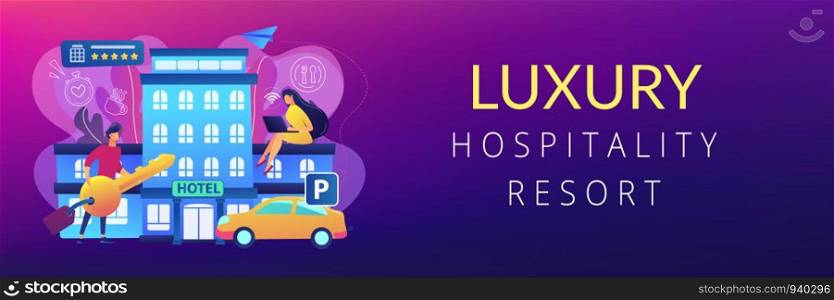 Business people at hotel use all included services, lodgings and wifi. All-inclusive hotel, luxury hospitality resort, all included service concept. Header or footer banner template with copy space.. All-inclusive hotel concept banner header.