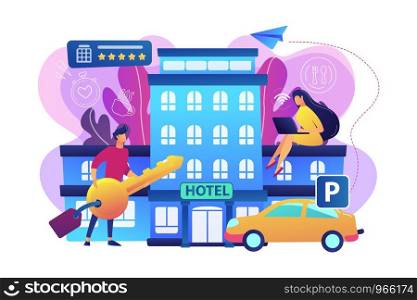 Business people at hotel use all included services, lodgings and wifi. All-inclusive hotel, luxury hospitality resort, all included service concept. Bright vibrant violet vector isolated illustration. All-inclusive hotel concept vector illustration.