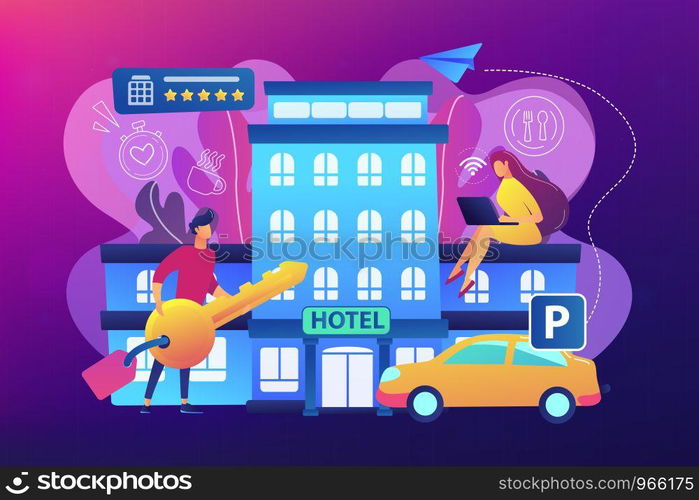 Business people at hotel use all included services, lodgings and wifi. All-inclusive hotel, luxury hospitality resort, all included service concept. Bright vibrant violet vector isolated illustration. All-inclusive hotel concept vector illustration.