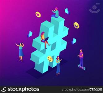 Business people at huge hashtag send and share posts and social media. Social listening tools, engaging content, hashtag tracking concept. Ultraviolet neon vector isometric 3D illustration.. Hashtag tracking isometric 3D concept illustration.
