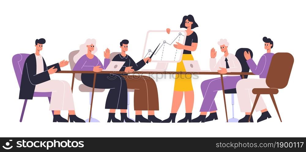 Business people at negotiating table, negotiating, discussing and brainstorming. Colleagues discussion, conference, business meeting vector illustration. Negotiating table meeting man and woman. Business people at negotiating table, negotiating, discussing and brainstorming. Colleagues discussion, conference, business meeting vector illustration. Negotiating table