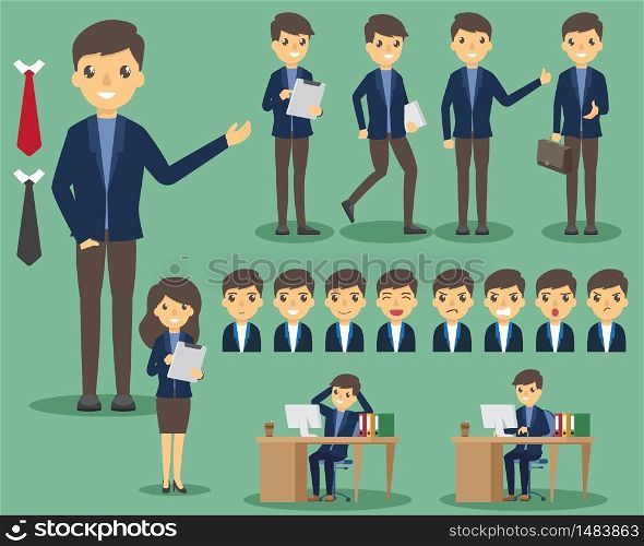Business people at the office set. Posing and emotions. business in various pose in office and working. vector illustration.