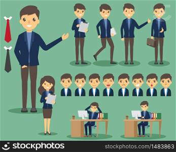 Business people at the office set. Posing and emotions. business in various pose in office and working. vector illustration.