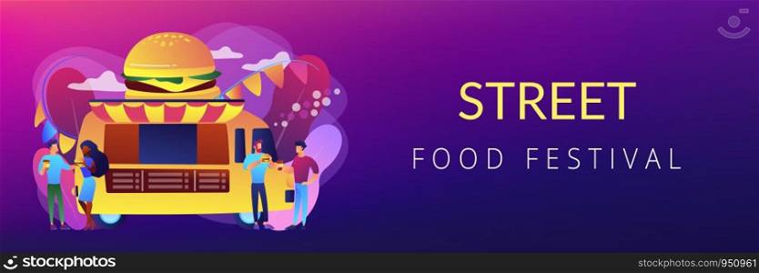 Business people at truck with burger eating fast food and drinking coffee. Street food festival, local food network, world cuisine festival concept. Header or footer banner template with copy space.. Food festival concept banner header.