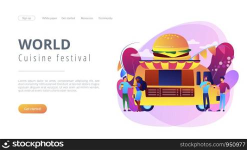Business people at truck with burger eating fast food and drinking coffee. Street food festival, local food network, world cuisine festival concept. Website vibrant violet landing web page template.. Food festival concept landing page.
