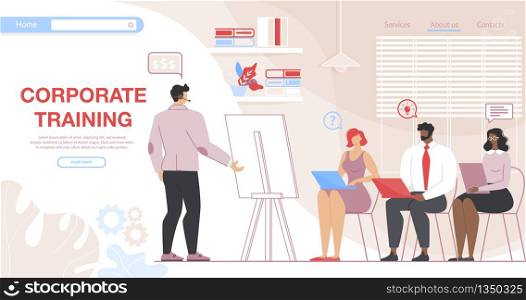 Business People Attending Corporate Training with High Skilled Coach Sitting at Desk with Computers Watching Coaching Presentation at Flip Chart. Cartoon Flat Vector Illustration, Horizontal Banner. Business People Attending Corporate Training.