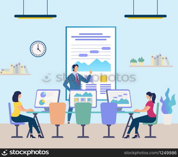 Business People Attending Professional Training with High Skilled Coach. Women Sitting at Desk with Computers Watching Video Presentation on Huge Screen. Coaching Cartoon Flat Vector Illustration. Business People Attending Professional Training