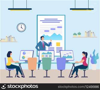 Business People Attending Professional Training with High Skilled Coach. Women Sitting at Desk with Computers Watching Video Presentation on Huge Screen. Coaching Cartoon Flat Vector Illustration. Business People Attending Professional Training