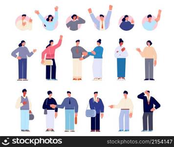 Business people avatars. Emotional characters, handshakes and success deal. Happy woman and man, flat office male female in vector set. Illustration of avatar person emotion, handshake and business. Business people avatars. Emotional characters, handshakes and success deal. Happy woman and man, flat office male female in uniform vector set