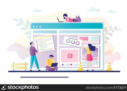 Business people building online service page. Concept of teamwork, website builder and development. Group of workers working together on creating site design. Trendy flat vector illustration. Business people building online service page. Concept of teamwork, website builder and development