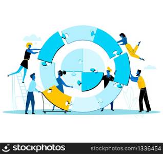 Business People Building Together Huge Round Puzzle Separated on Pieces. Businessmen, Businesswomen Perfect Teamworking Group Creative Project Construction Process. Cartoon Flat Vector Illustration.. Businesspeople Building Together Huge Round Puzzle