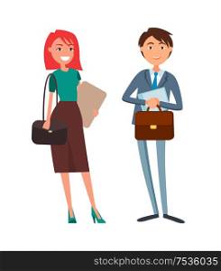 Business people, businesswoman and businessman vector. Partners working together, company director holding documentation and briefcase. Lady smiling. Business People, Businesswoman and Businessman
