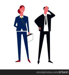Business people busy with work, man talking on phone and woman smiling vector. Businessman and businesswoman meeting, lady carrying briefcase in hands, manager of company and leader smart boss. Business people busy with work, man talking on phone