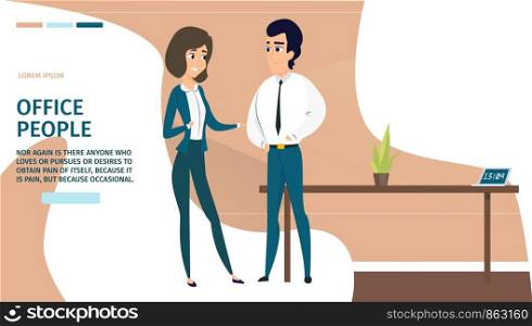 Business People Cartoon Vector Horizontal Banner with Smiling Businessman And Businesswoman, Clerks, Company Employee Characters Talking, Discussing Plans Illustration. HR Agency Landing Page Template