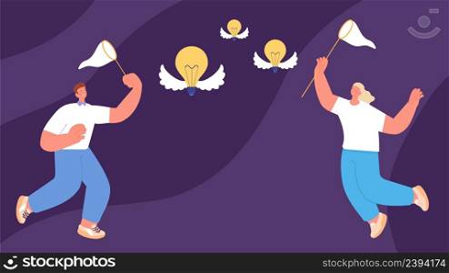Business people catching ideas. Person with net and flying lamps, teamwork or brainstorm. Creative girl and boy vector characters. Business and idea and businessman people illustration. Business people catching ideas. Person with net and flying lamps, teamwork or brainstorm. Creative girl and boy vector characters