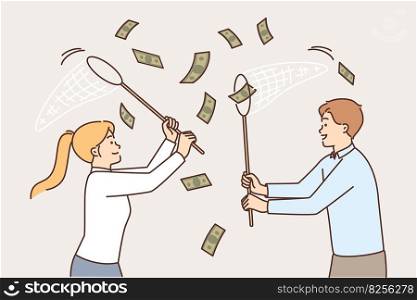 Business people catching money falling from sky using net for easy earning or casual income concept. Man and woman are engaged in moneymaking, hunting for profit and wanting to increase capital . Business people catching money falling from sky using net for easy earning or casual income concept