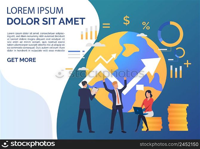 Business people celebrating achievement, earth globe, sample text. Investment, management, banking concept. Presentation slide template. Vector illustration for topics like business, finance, analysis. Business people celebrating achievement, earth globe