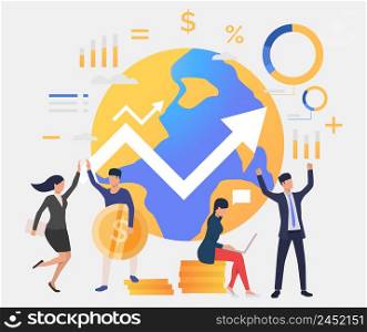 Business people celebrating success and working, earth globe and rising arrow. Investment, management, international concept. Vector illustration for topics like business, finance, analysis. Business people celebrating success and working, earth globe