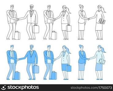 Business people characters. Business handshake. Line flat man woman, professional people vector set. Illustration character business man handshake partner. Business people characters. Business handshake. Line flat man woman, professional people vector set