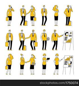 Business people characters. Business line flat man woman, professional people vector set. Handshake, investing, presentation illustration. People team, professional man and woman handshake. Business people characters. Business line flat man woman, professional people vector set. Handshake, investing, presentation illustration