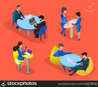 Business People Characters Set Isolated on Orange Background. Business Men and Women at Workplace, Communicating, Discussing Project, Working on Laptops. 3D Isometric Cartoon Vector Illustration. Business People Set Isolated on Orange Background.