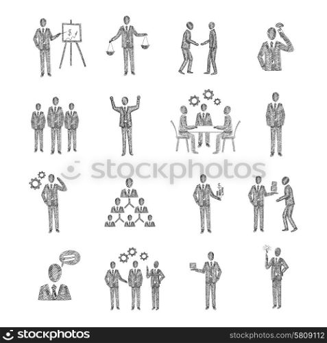 Business people characters team meeting partnership corporate hierarchy icons sketch set isolated vector illustration. Sketch Business People